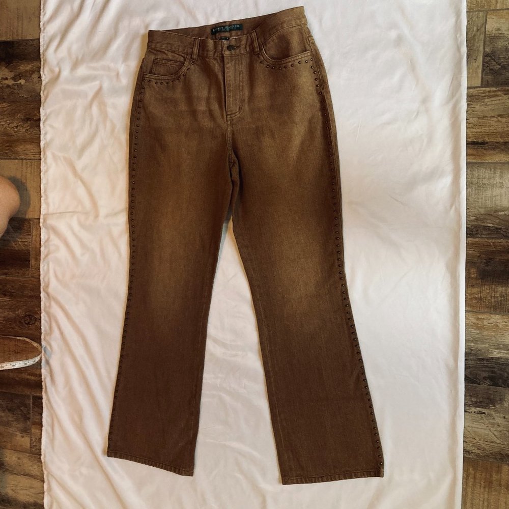 Lauren Jeans Co. Ralph Lauren Gold Studded Bootcut Tan Brown Denim Equestrian 8P